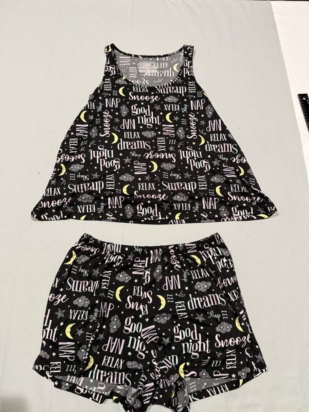 JOYSPUN Women 2-Piece Black Tank & Shorts Lounge Set Graphic Sleep Print S